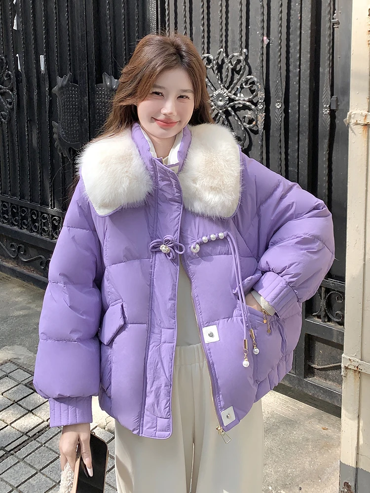 Фиолетовый большой меховой воротник национальный сладкий пуховик с пряжкой