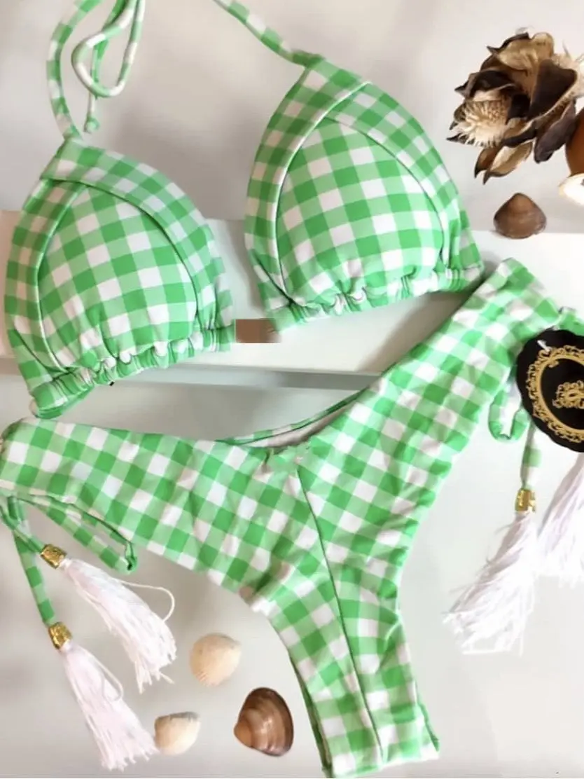 Комплект бикини женский с чашками пуш-ап Бразильский купальный костюм принтом