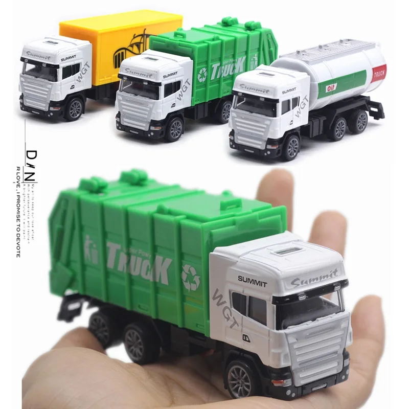 Небольшие литые автомобили диаметром 15 см, масляные резервуары, грузовик для перевозки мусора и цемента, курьерский грузовик