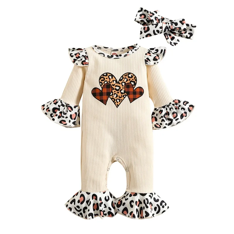 

Baby Girls Jumpsuit Set, Long Sleeve Leopard Print Romper with Bowknot Headband Summer Outfit