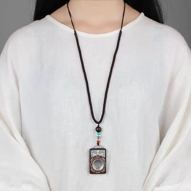 

Серебряная цепочка для свитера Thangka ebonewood, цепочка для свитера ручной работы, ожерелье в национальном стиле с 9 дворцами и восемью триграммам...