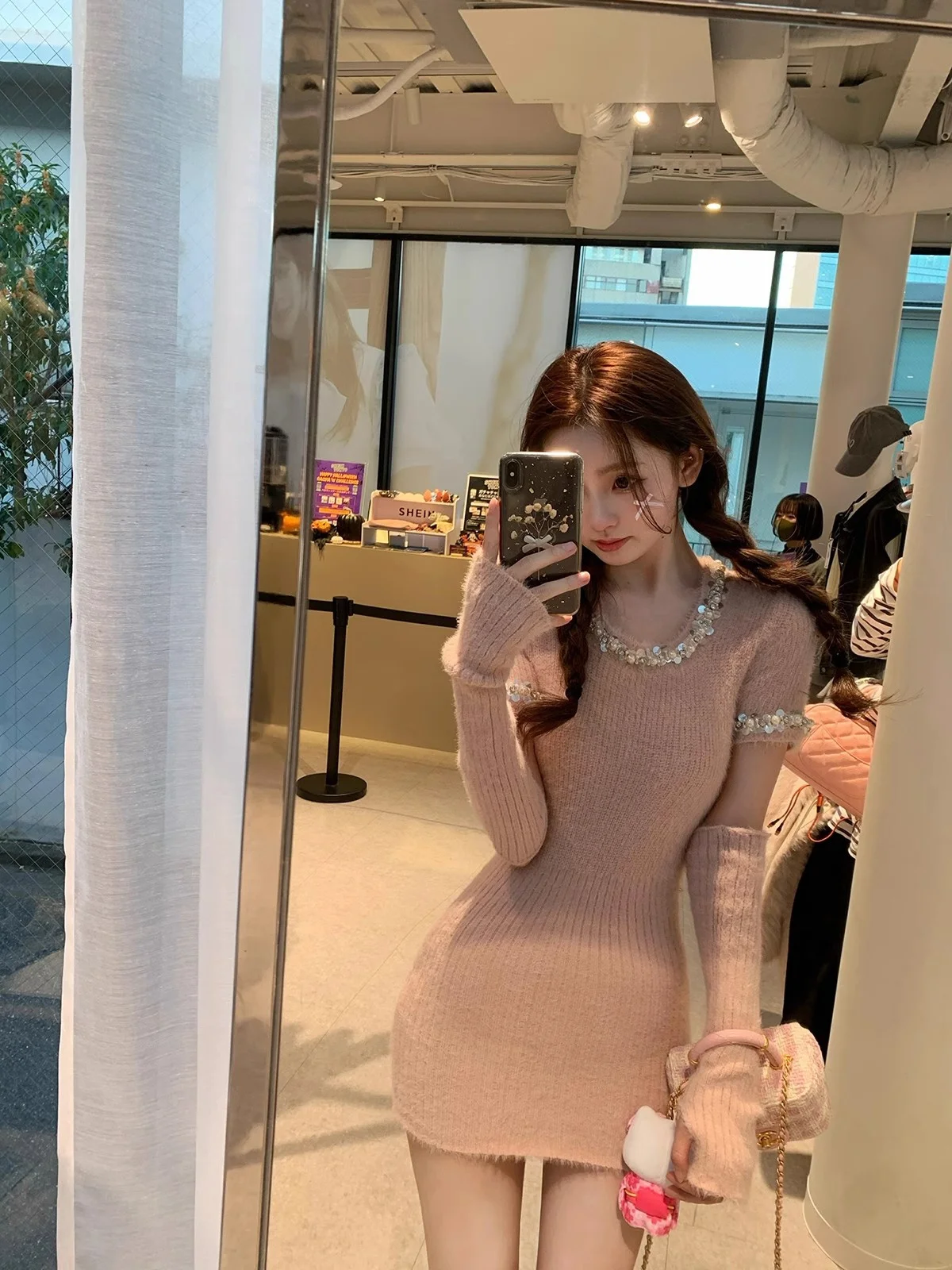 Plus Size Girl's Birthday Par Little Dress Sheath Pink Knit sweater Women Autumn and Winter 2023 New Small Man