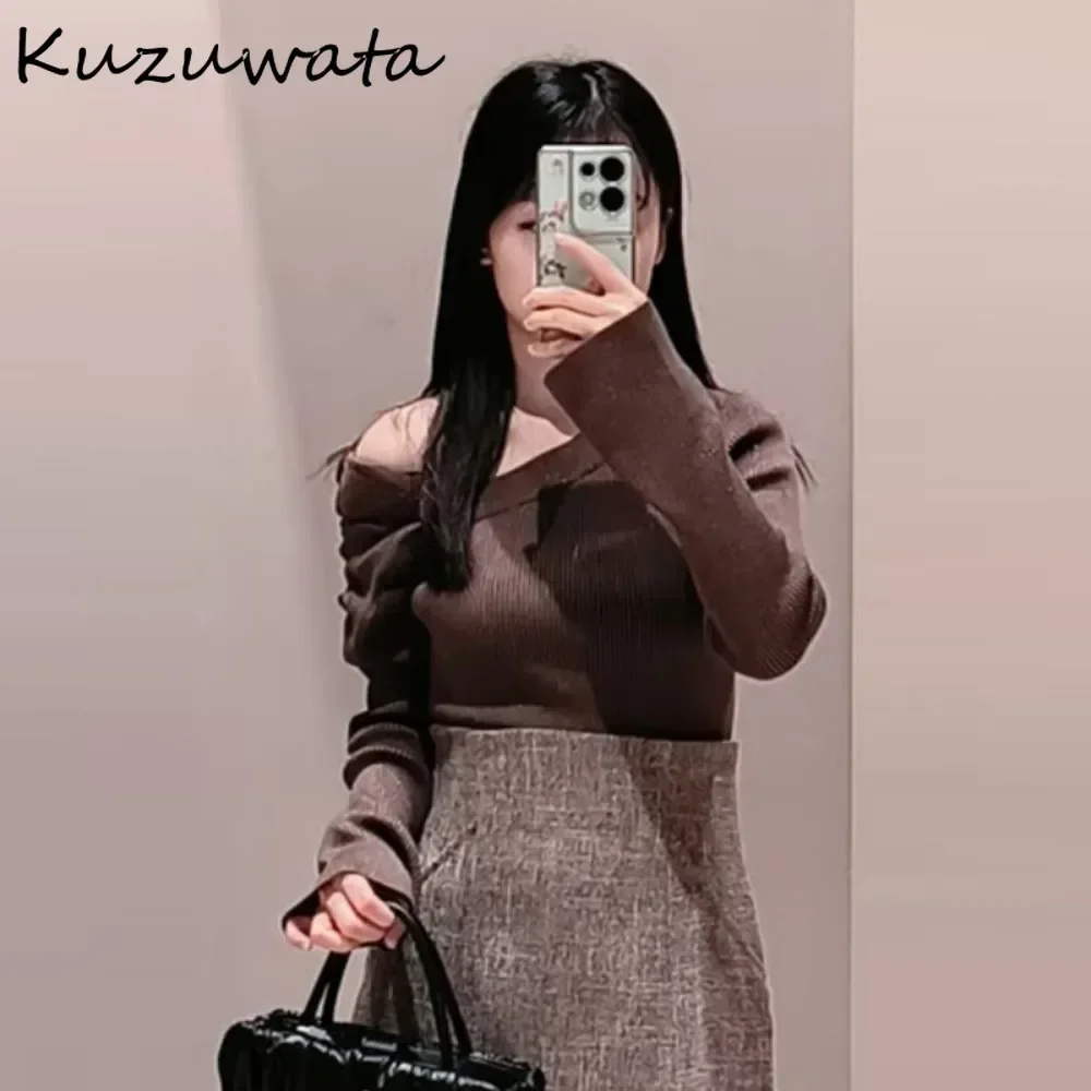 Kuzuwata повседневный тонкий укороченный топ с косым воротником и пышными рукавами