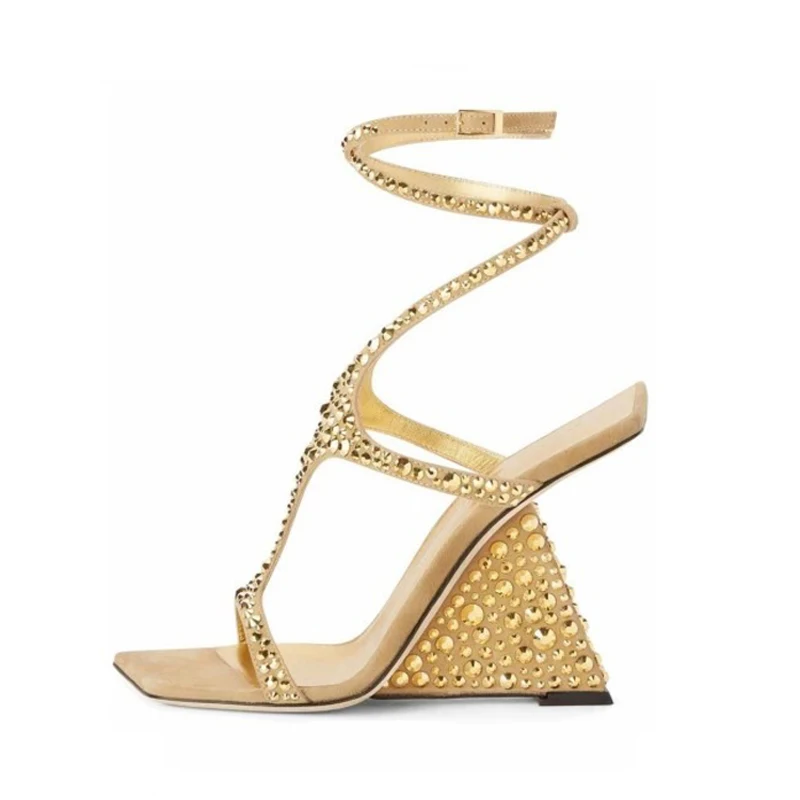 

Full Diamonds Custom 9.5cm Wedge Heels Women Ankle Strap Sandals High Wedges Square toe Summer Shoes Bling Pumps Ladies