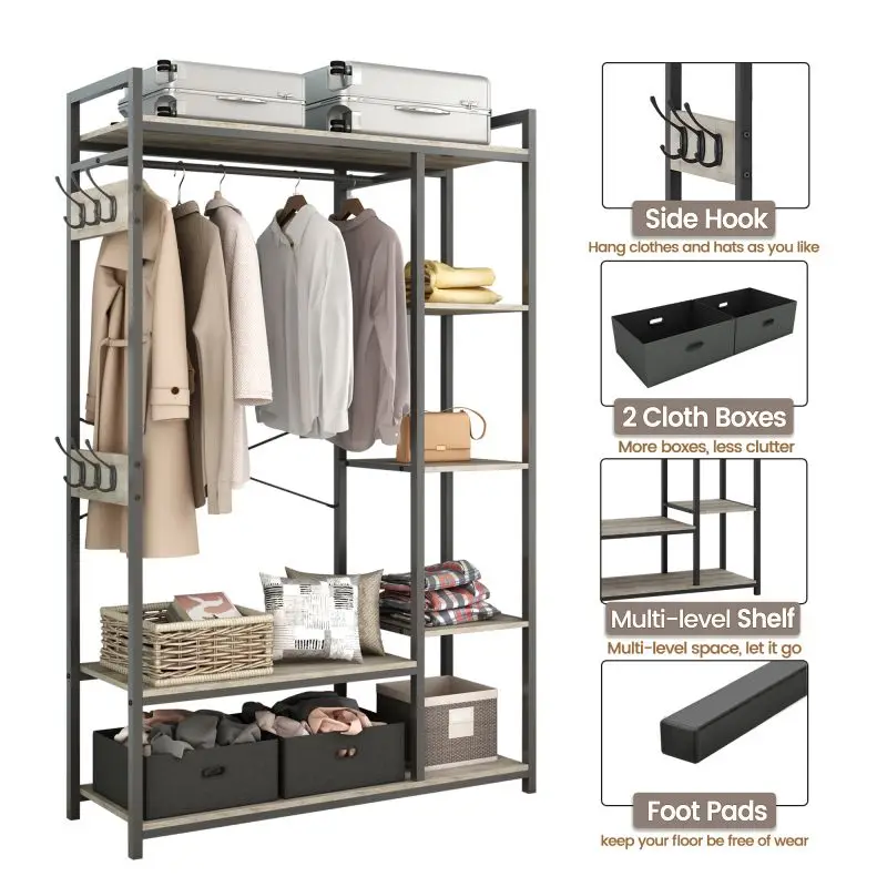 

Cloth Organized Garment Rack with Storage Free-Standing Closet System with Open Shelves Hanging Rod