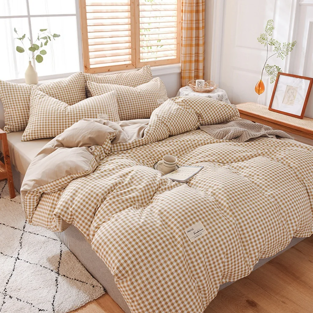 

Japanese Wash Cotton Plaid Quilt Cover Bed Sheet Pillow Cover Student Dormitory Quilt Cover 4pcs Winter Bedding