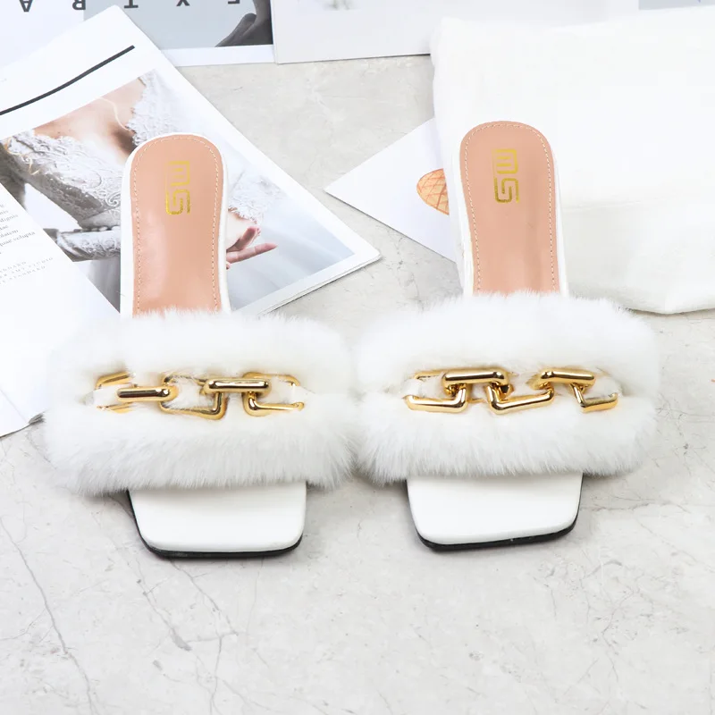 Summer Women High Heels Sandals Mules Slides Low  Metal Chain Furry Slippers Sexy Outdoor Shoes Fluffy  Zapados Mujer