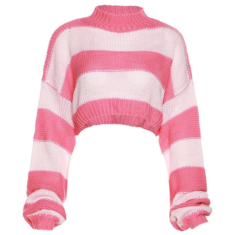 

Women Autumn Striped Knitted Sweater Hip Hop Oversized Pullover Jumpers Crop Top