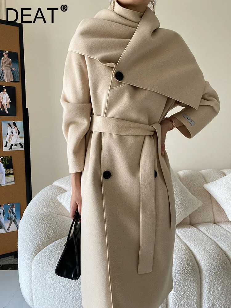 

DEAT Fashion Women's Wollen Coat Scarf Collar Loose Double Breasted Full Sleeve Sashes Overcoat Female Autumn 2023 New 17A4502