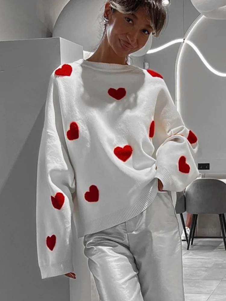 

White Knitted Sweater Women Autumn Winter Fashion Pullovers Female Sweet Love Embroidery Jumper Ladies Casual Loose Sweaters