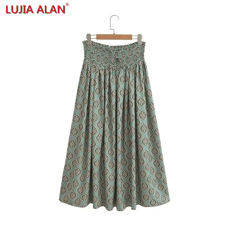 

Summer New Women's Retro Printed Midi Skirt Casual Female Elastic Waist Drawstring Loose Street Clothing LUJIA ALAN P3988