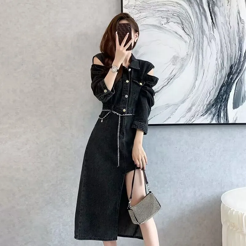 

BULOCHOVA весеннее Европейское американское модное тонкое джинсовое длинное платье с открытыми плечами женское однобортное Ковбойское платье с отворотом