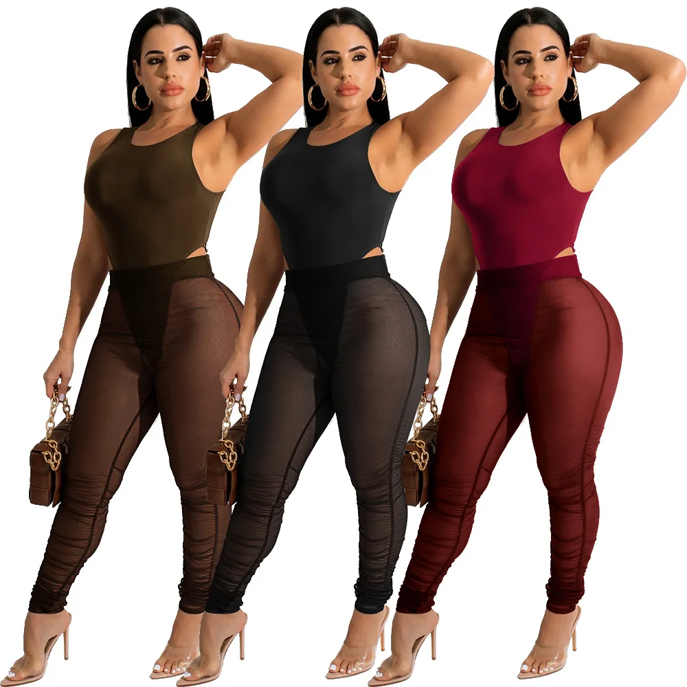 

Solid Tracksuit Women Summer Sexy Sleeveless O Neck Bodysuit Top + Sheer Mesh Stacked Pants Skinny Club Two Piece Set Outfits