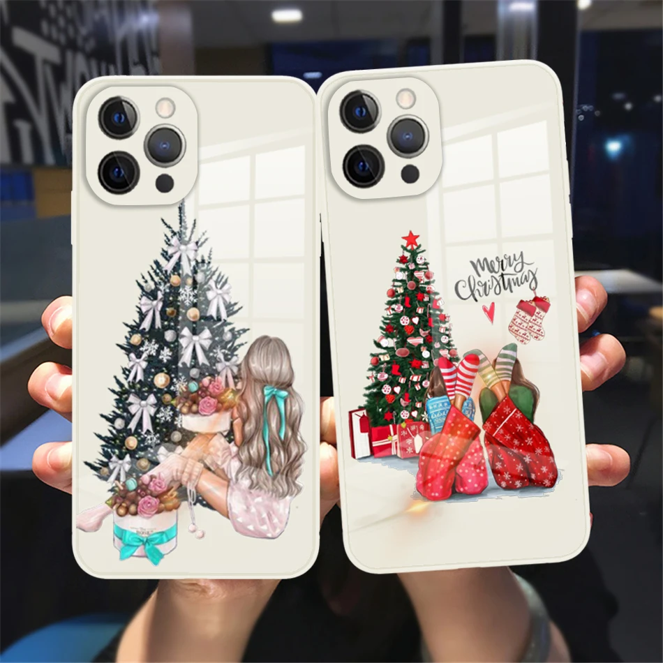 

Merry Christmas Glass Phone Cover For iPhone 11 12 13 14 Pro Max X XR XS Max 7 8 14 Plus White Cute girl Tempered bumper Case