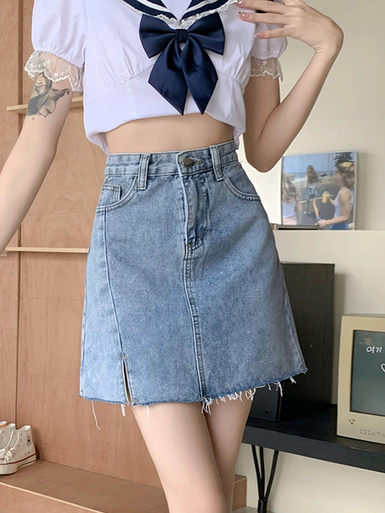 

Ailegogo Summer Women Vintage High Waist Loose Blue Mini Denim Skirt Streetwear Female Frayed Split Short Jeans Skirts Bottoms