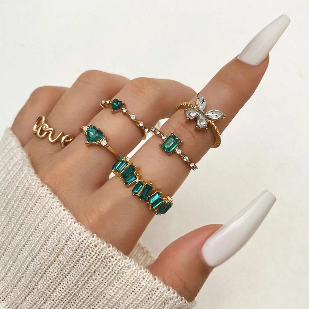 

IFMYA 6pcs/Set Luxury Green Rhinestone Rings for Women Vintage Crystal Butterfly Metal Ring Set Jewelry Accessories