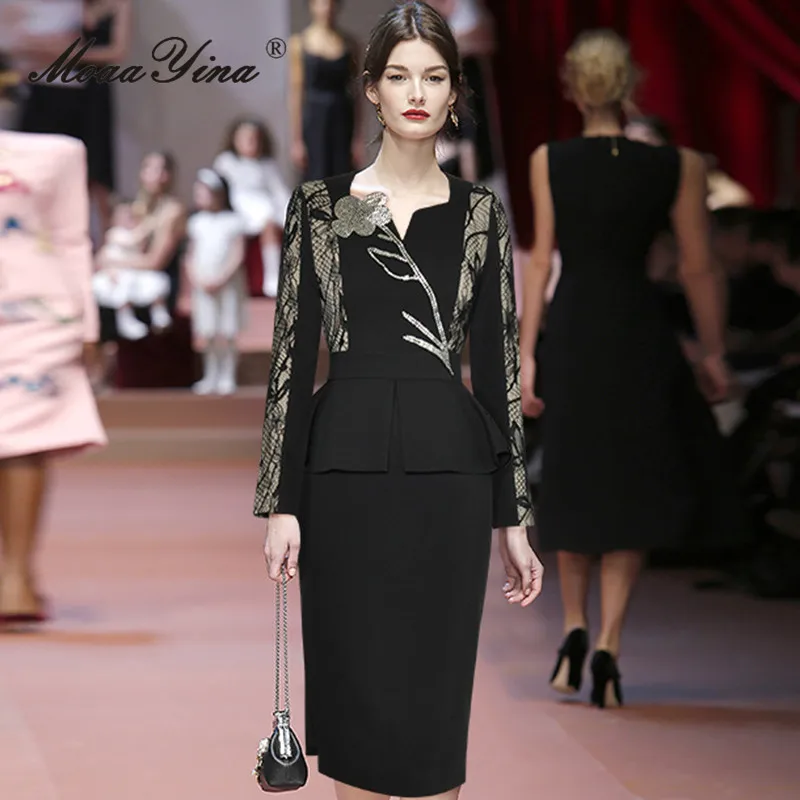 MoaaYina осеннее модное Дизайнерское черное винтажное сращенное Платье женское