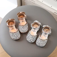 girls leather shoes 2022 summer with back bow chic rhinestone fashion hook loop children flat dress sandals for party wedding