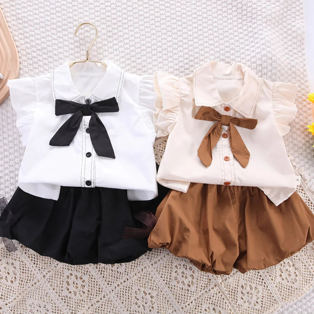 

Ruffles Suit T-shirts+flower 2pcs Clothes Summer Girls Bow Bud Fly Korean Sleeve Style Children Sets Pants Infant Clothing Kids