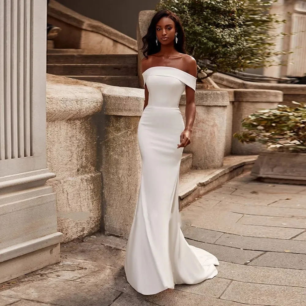 

Simple Satin Mermaid Wedding Dress Stylish Boat Neck Off The Shoulder Zipper Back Court Train Bridal Gown Custom