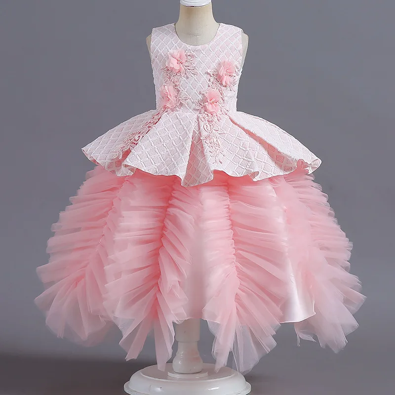 

Summer 2023 New Arrivals Girls Sleeveless O Neck Flowers Ruffles Pink Cute Roupa Infantil Menina Ball Gown Dress Custume 4-10T