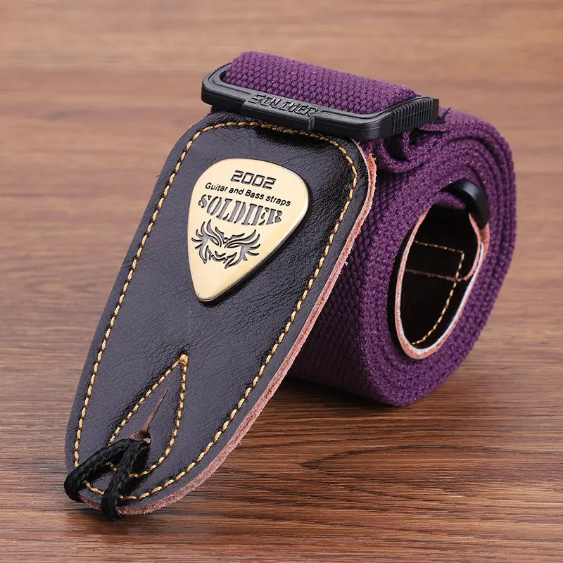

Soldier Acoustic Electric Bass Guitar Strap Black Leather Ends Belt Shoulder Personalized Metal LOGO Straps Guitar Accessories