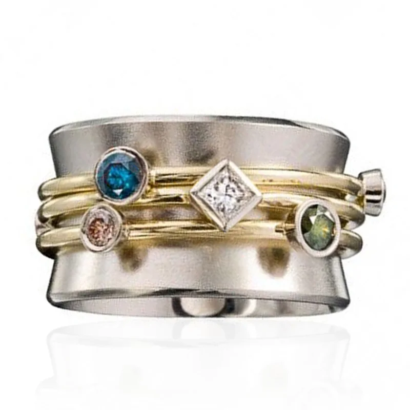 

New Fashion Band Ring for Women with Gold Color Waist Line Geometric Colorful CZ Stone Personality Girl Party Finger Rings