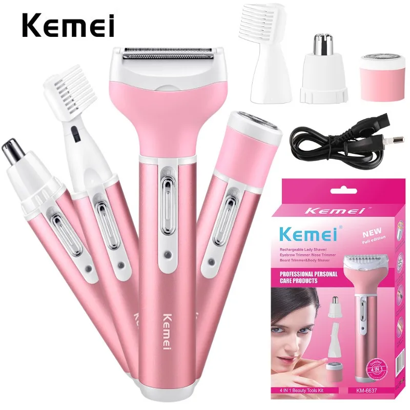Kemei Lady Shaver 4 In 1 Rechargeable Women Groomer Razor Female Facial