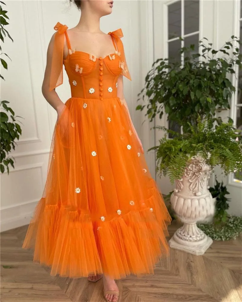 

Spaghetti Sheer Straps Button A Line Fashion Ankle Length Tulle Party Dresses Flowers Butterfly Bows Orange Evening Dresses
