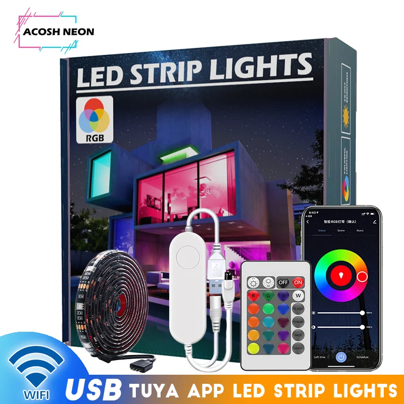 5M/16.4ft TUYA USB LED Strip 5V Black Strip Lights Lighting work with Alexa Google Smart Life APP Control with 24Keys Remote