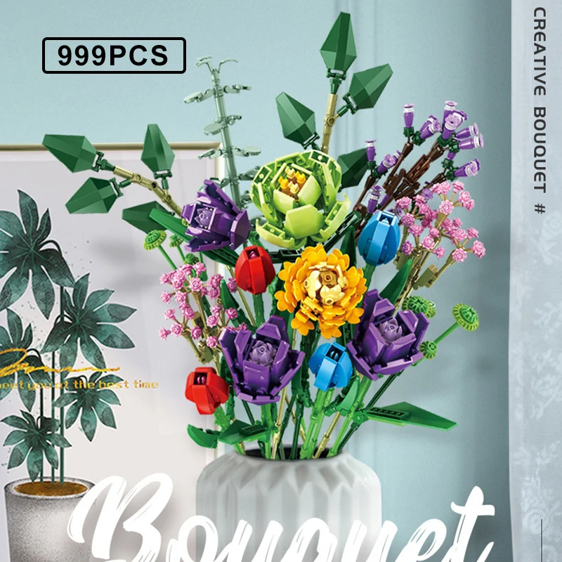 Идея букет цветов строительные блоки Moc романтическая роза фомантический цветок