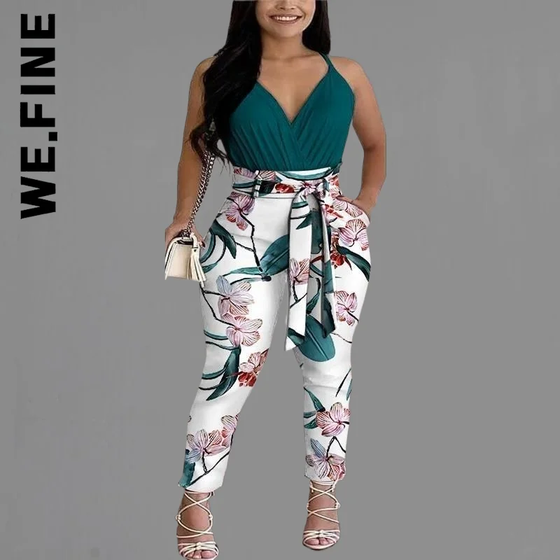 

We.Fine New Floral Print Pants Colorblock Plain Ruched Top With Belt Long Pants Sets Elegant Sweatsuits For Women Female