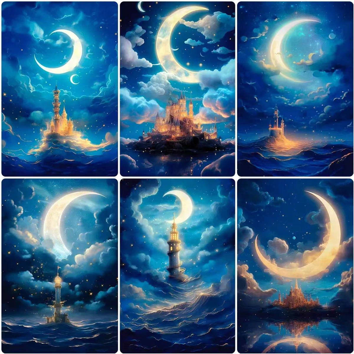 

Алмазная живопись 5D «сделай сам», наборы для вышивки крестиком с изображением моря, Луны, маяков, замка, фантазия, искусственная вышивка, подарок для домашнего декора