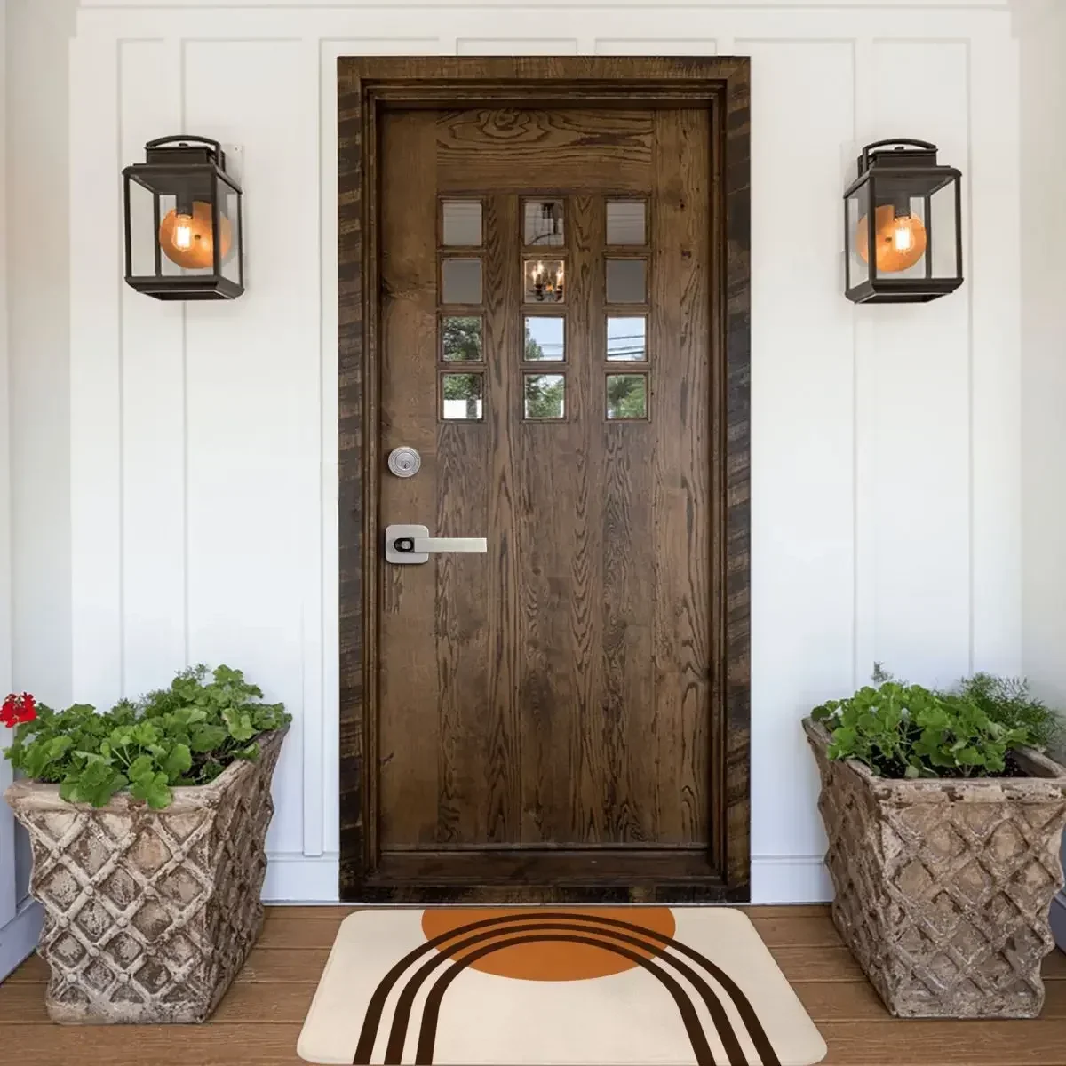 Современное солнце и арка середины века - терракотовый коврик для двери