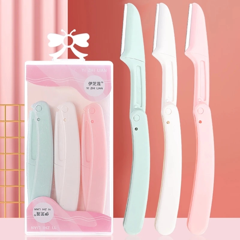 

3pcs Stainless Steel Eyebrow Razor Facial Hair Remover Shaper Trimmer with Precision Cover Shaver Makeup Grooming Kit