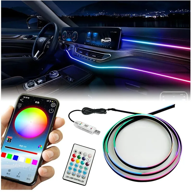 Фото USB-салон автомобиля Полноцветный RGB Автомобильный светодиодный окружающий свет Акриловые полосы Интерьерная скрытая атмосферная лампа с приложением и пультом дистанционного управления №1