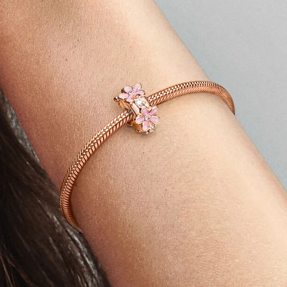 Pandora – boucle fixe antidérapante en argent 925, marguerite rose, pour la fabrication de bijoux à la mode, bricolage comme cadeau pour femmes