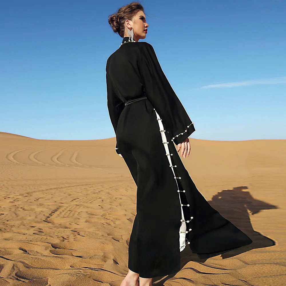 Woman Arabian Abaya With Belt Bead Dubai Kaftan Traditional Eid Mubarak Black Saudi Arabia Muslim Femme Islamic Dresses Turkey