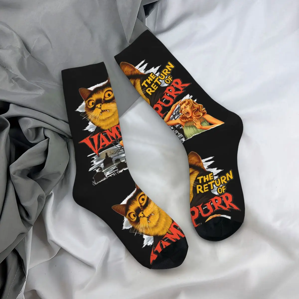 

Harajuku Cat The Return Of Vampurr Basketball Socks Horror Halloween Polyester Middle Tube Socks for Unisex Breathable