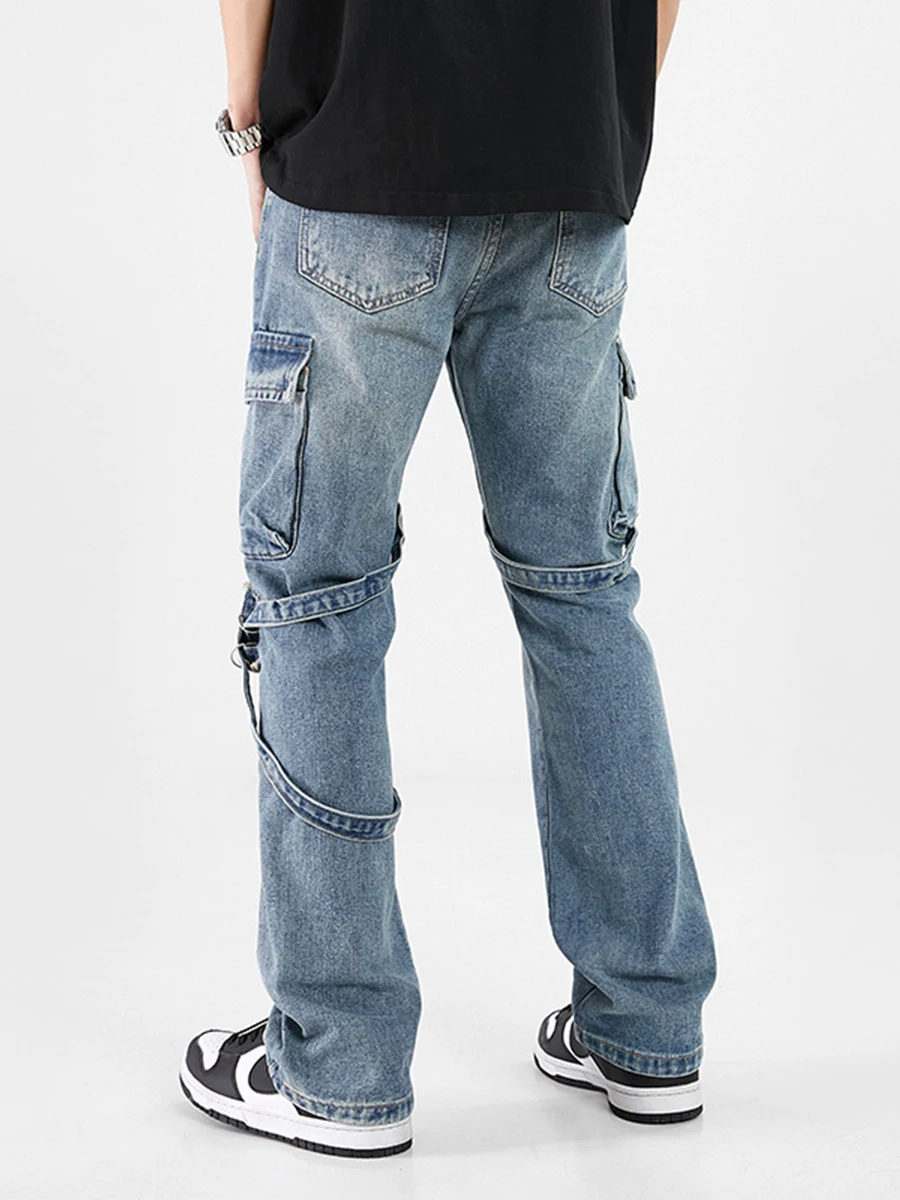 Four Seasons European and American Men Trend Loose Tooling Multi-pocket Streamers Straight Casual Denim Trousers Streetwear Men
