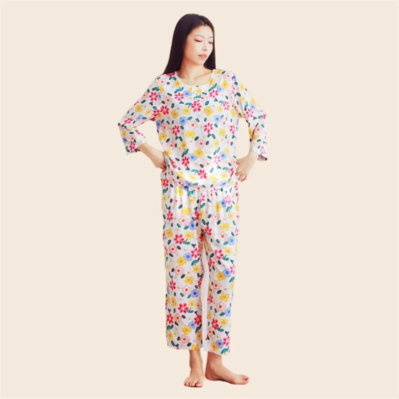 

Summer Pajamas Set Women Casual Three Quarter Sleeve T-shirt Full Pants Fashion Homewear Cotton Flower Print Pyjama Big Size