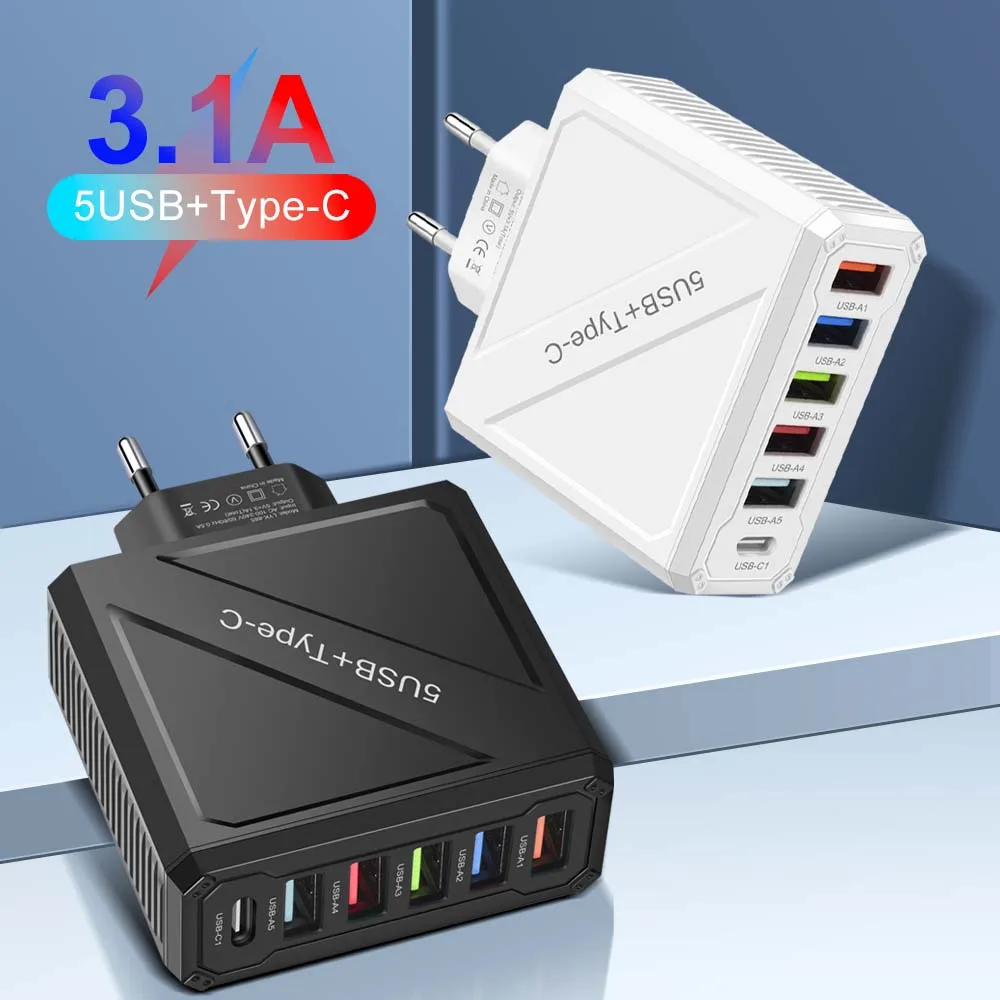 65 Вт, 5 портов, USB-зарядное устройство, адаптер для зарядки PD для ...