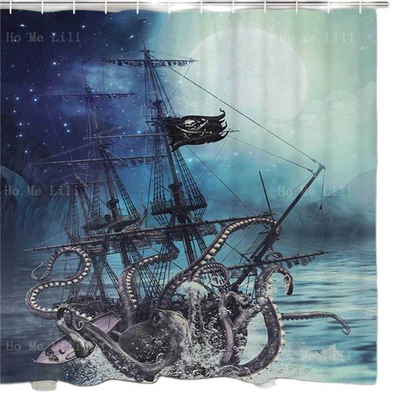 

Японский синий Ukiyoe восход солнца, волны, Кит, осьминог, океан, Кракен, атака, пиратский корабль, щупальца, парусник, занавески для душа