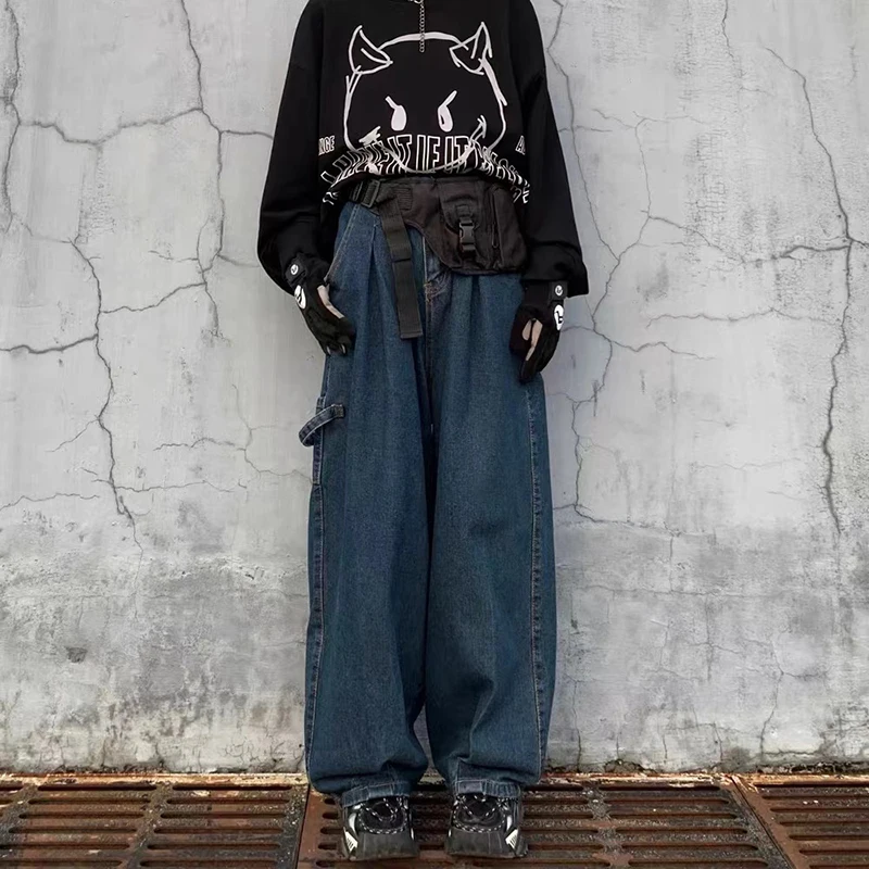 

Harajuku Girl Clothes Pants Trousers Woman Navy Blue High Street Straight Leg Baggy Jeans Y2K Aesthetic Cargo Pants Woman