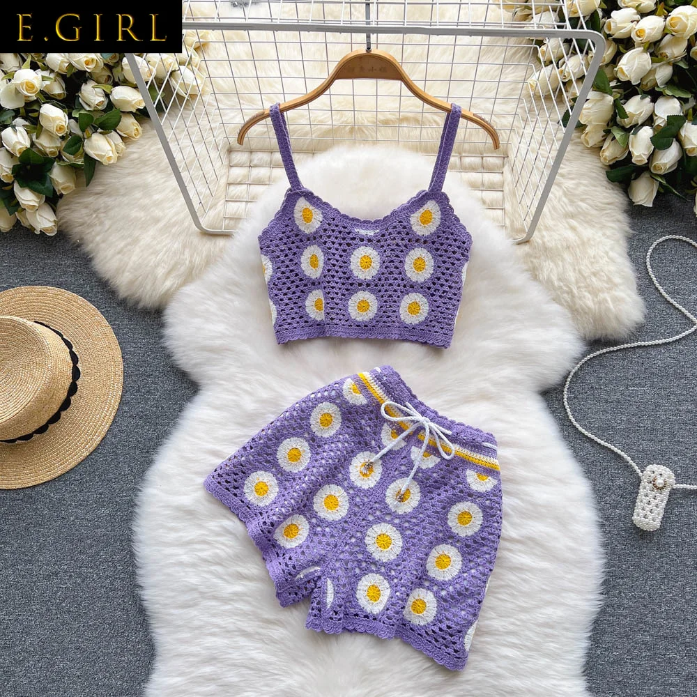 Knitted Two Piece Set Women 2022 Summer New Sweet Hollow Out Beach Style Fashion Outfits Sleeveless Camis + Wild Shorts Suit