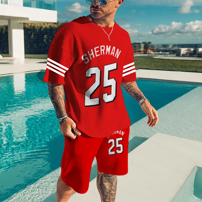 Men's Short-sleeved Shorts Suit, Printed T-shirt, Sports Style, Red Basketball T-shirt, Two-piece Breathable Casual Sports Shirt