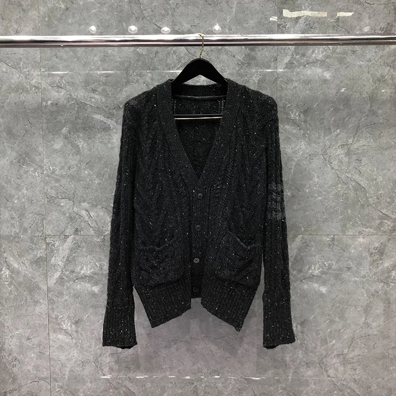 

TB 2023 Fashion Brand THOM Sweaters Men Slim Fit V-Neck Cardigan Clothing Striped Wool Thick Autumn Winter Casual Coat