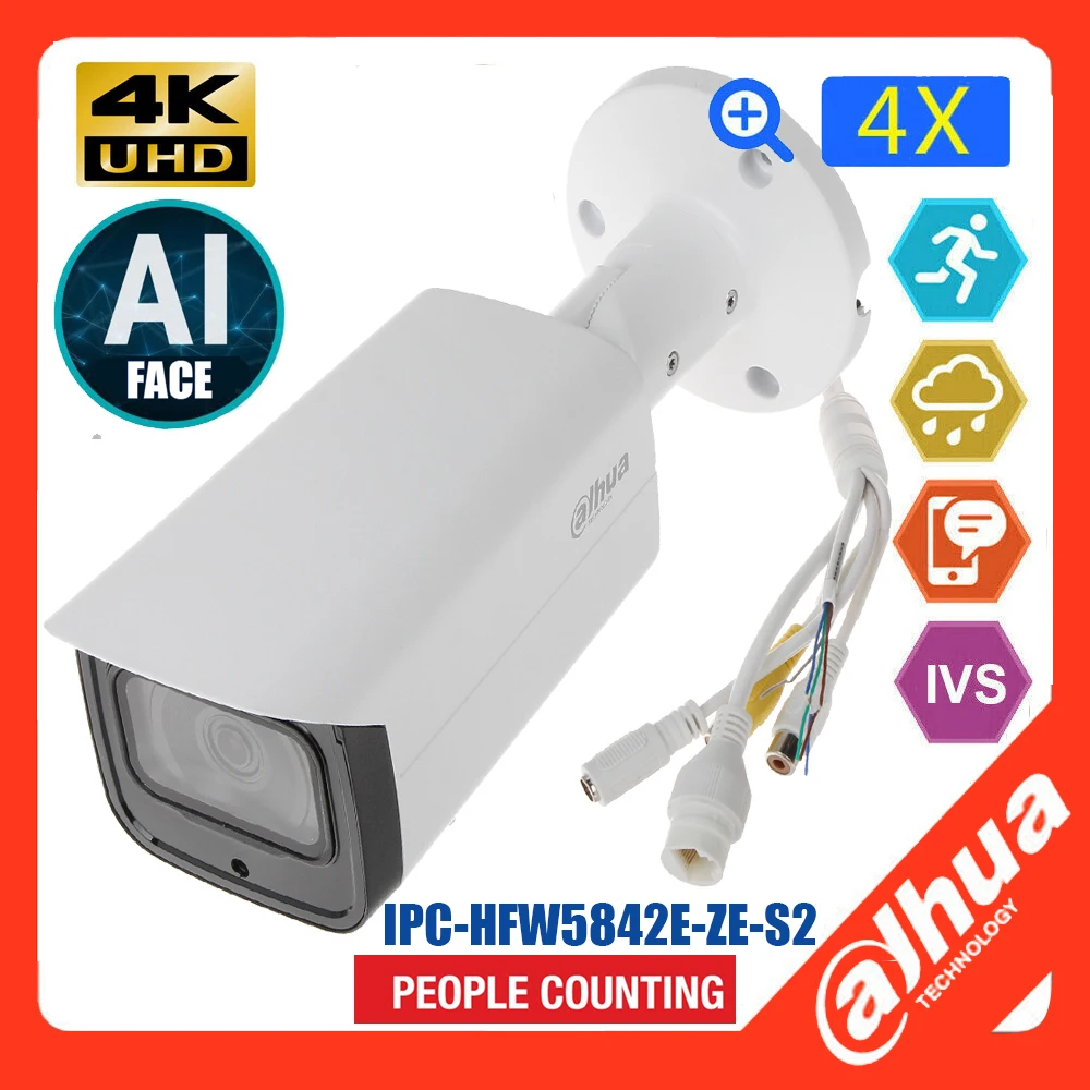

Dahua International Version IPC-HFW5842E-ZE-S2 8MP 4K POE AI Face Detection People Counting IR Bullet WizMind Network Camera