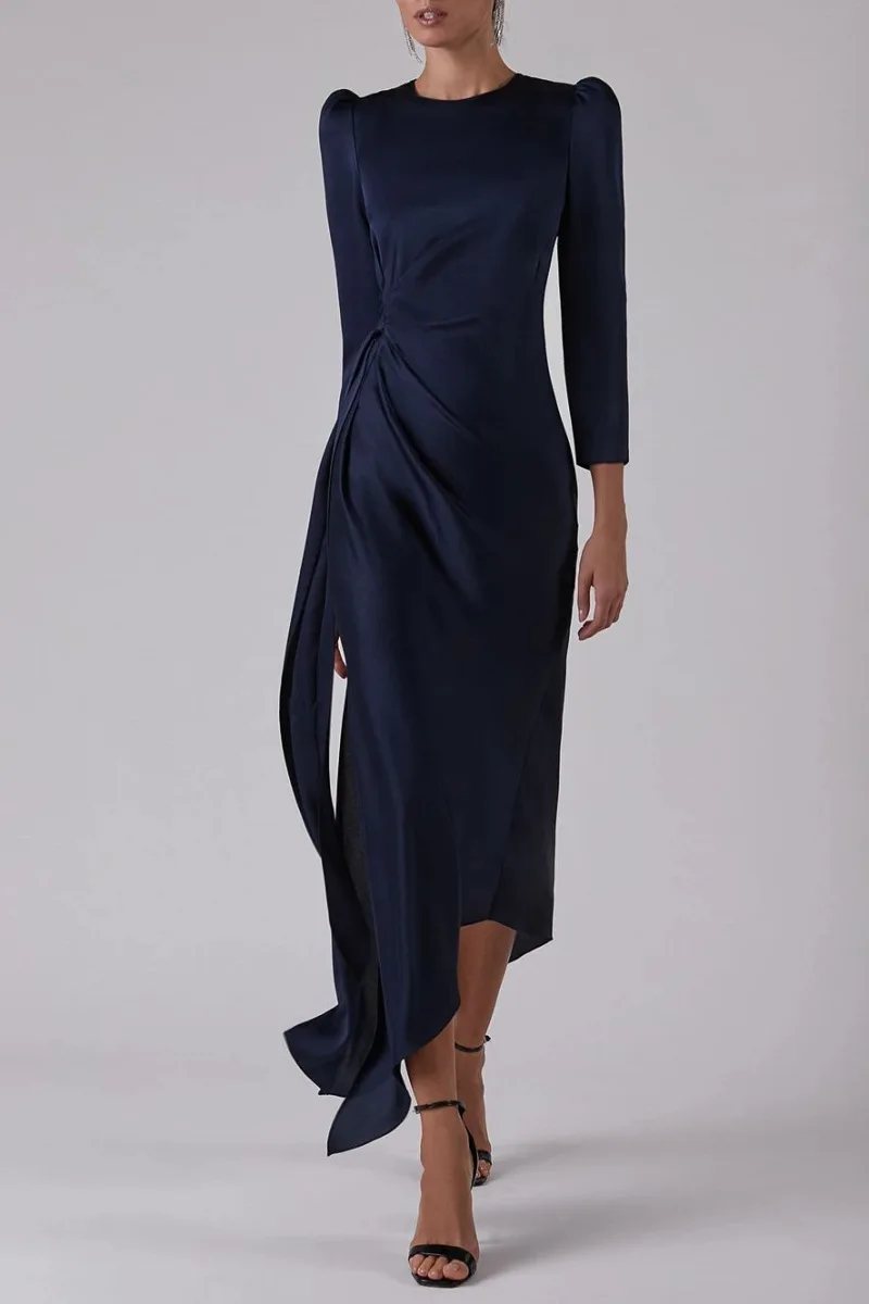 

Women Dress Spring and Autumn Commuter Long Sleeve Button Puff Sleeve Temperament Hollow Asymmetric Slit Strap Long Ankle Dress