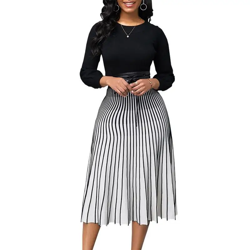 

Elegant Long Sleeve Dress Women 2022 Autumn Female Casual O-neck Collar Striped Patchwork High Waist Party Dresses Sexy Vestidos